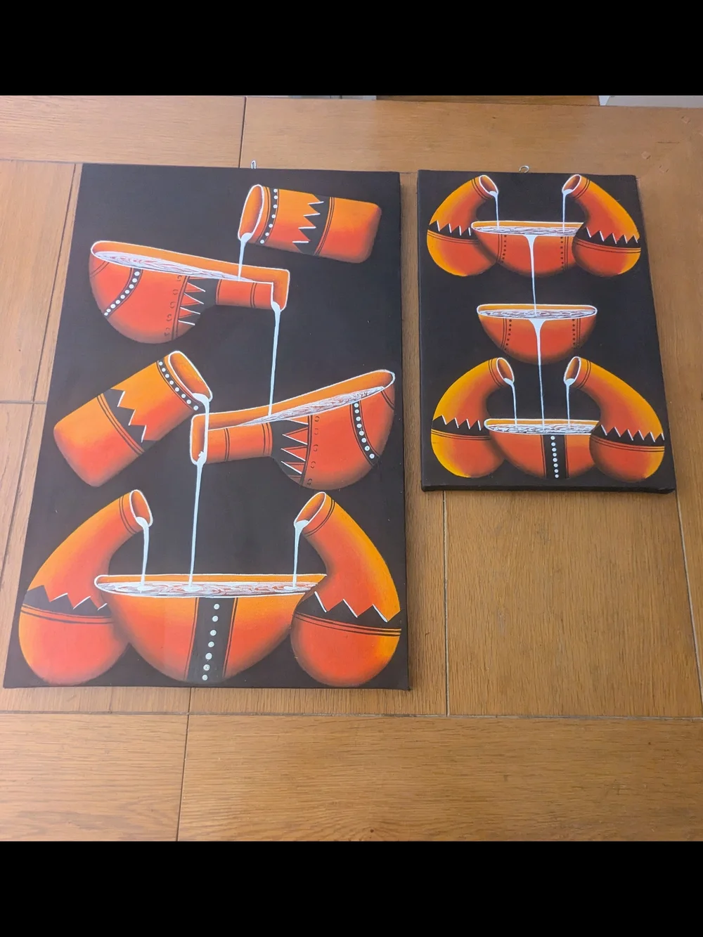 Set of 2 Hand Painted African Oil On Canvas Paintings Tribal Gourd Wall Art